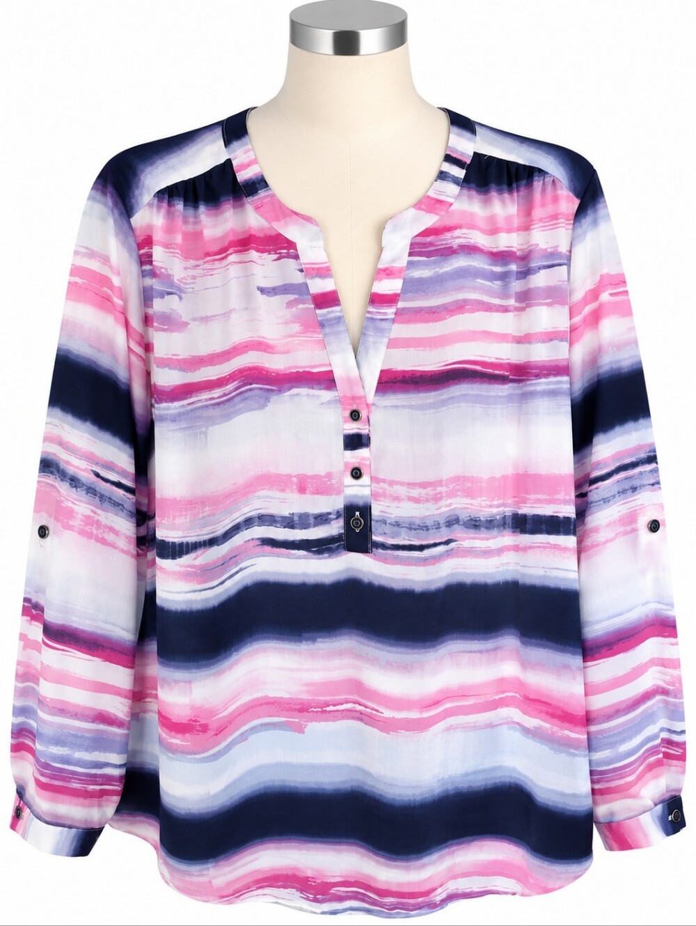 Zac & Rachel Woman 2X Blouse Top Multicolor Abstract Stripe V-Neck Roll Tab